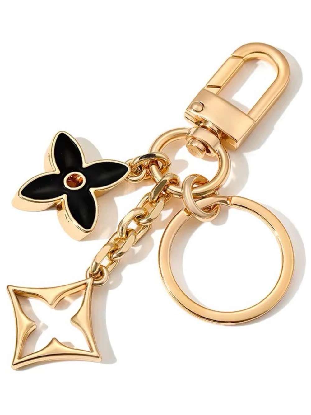 Gold-tone Floral Charm Keychain - Black Accent